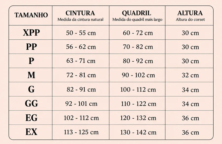 Tabela de tamanhos Paris Gold com medidas de cintura, quadril e altura da cinta